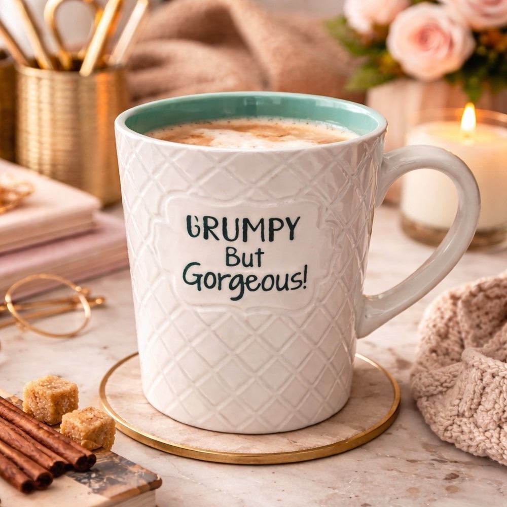Grumpy But Gorgeous Mug Funny Coffee Cup White Teal Interior Humor